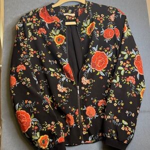 Promod Black Bomber Jacket with Red Floral Design